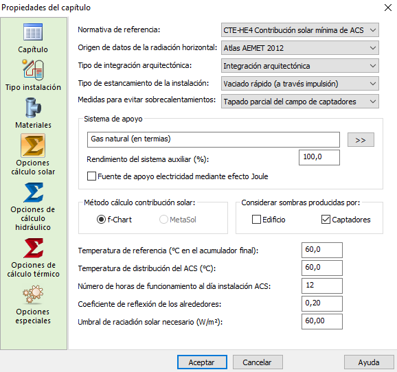 Opciones de clculo trmico