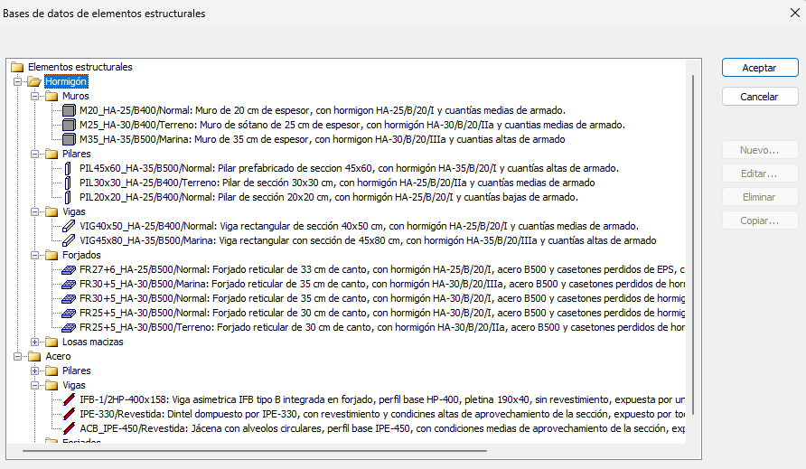 Base de datos elementos estructurales...