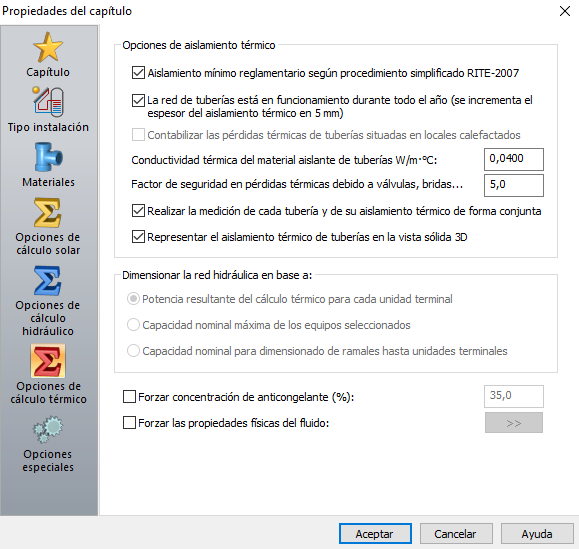 Opciones de clculo trmico