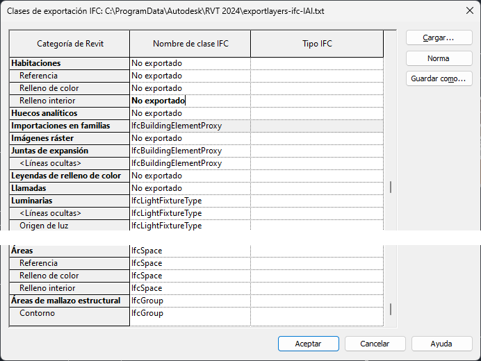 Cuadro de diálogo de Opciones de Exportación a IFC de Revit