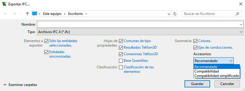 Opciones exportar IFC