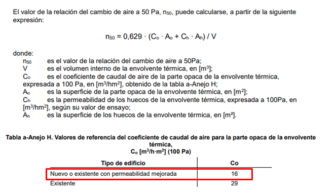 Clculo de la relacin del cambio de aire a 50Pa