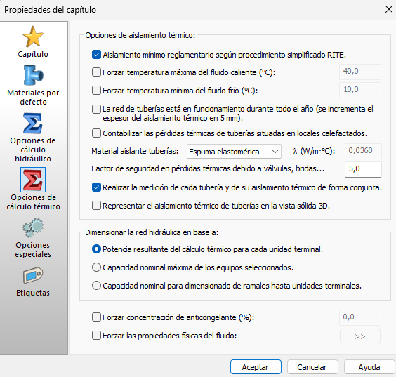 Opciones de clculo trmico