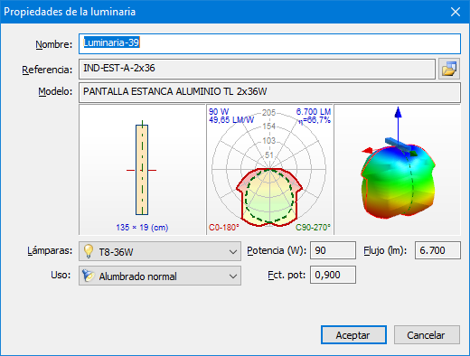 Propiedades de un ejemplar de luminaria