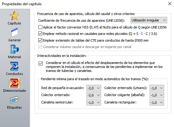 Datos generales para el dimensionado